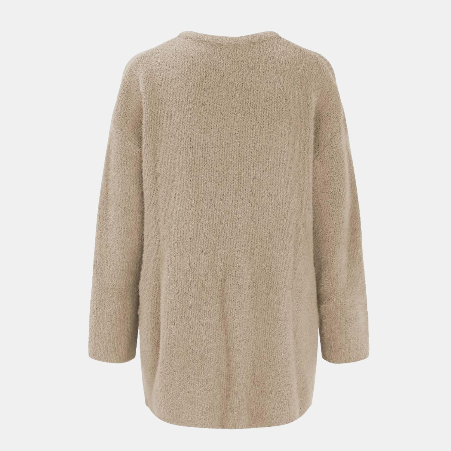 Rückansicht der Raffinierte Strickjacke mit Stil in Taupe für Damen, weiche lange Strickjacke aus strukturiertem Strickstoff