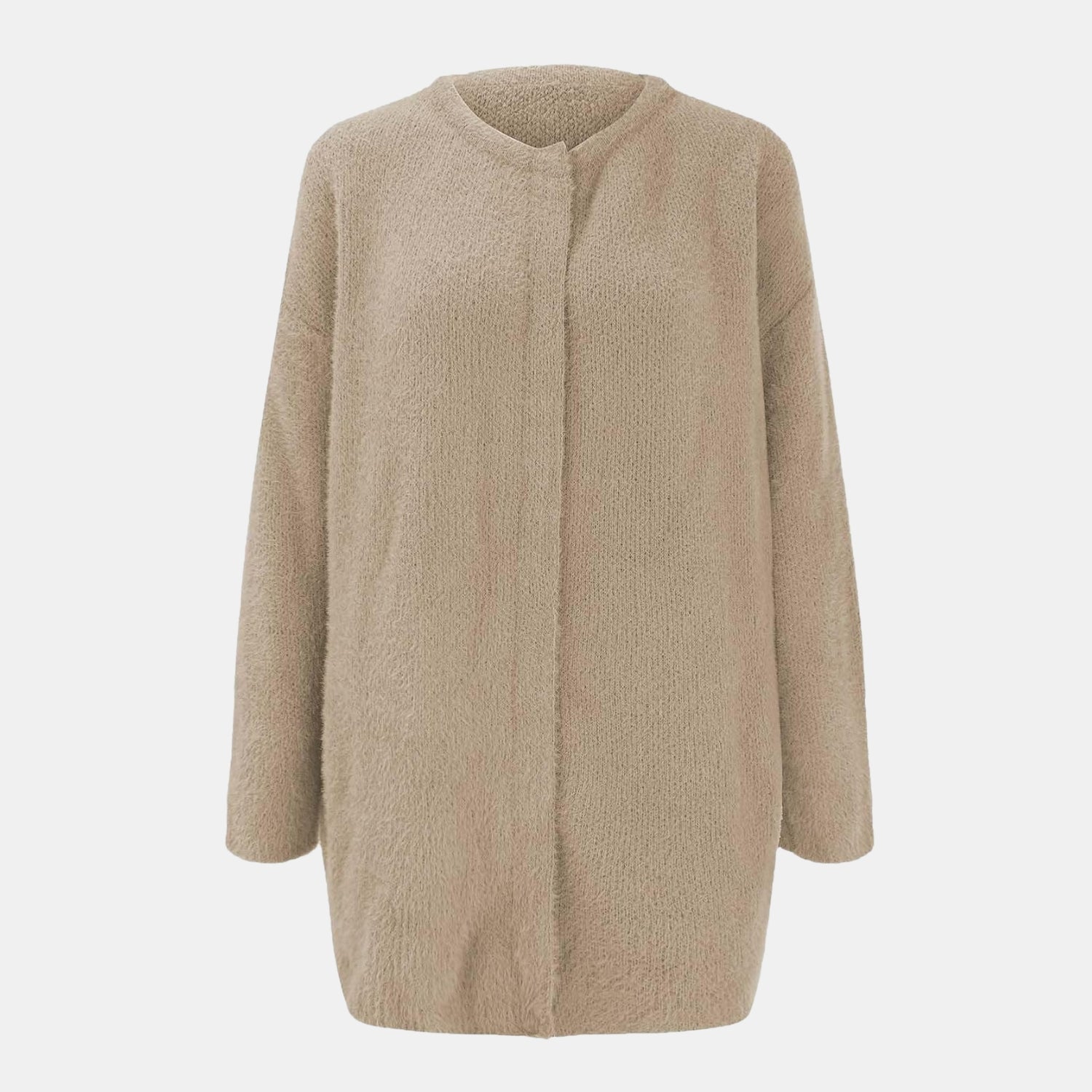 Raffinierte Strickjacke mit Stil in Taupe für Damen, weiche lange Strickjacke in klassischer Vorderansicht