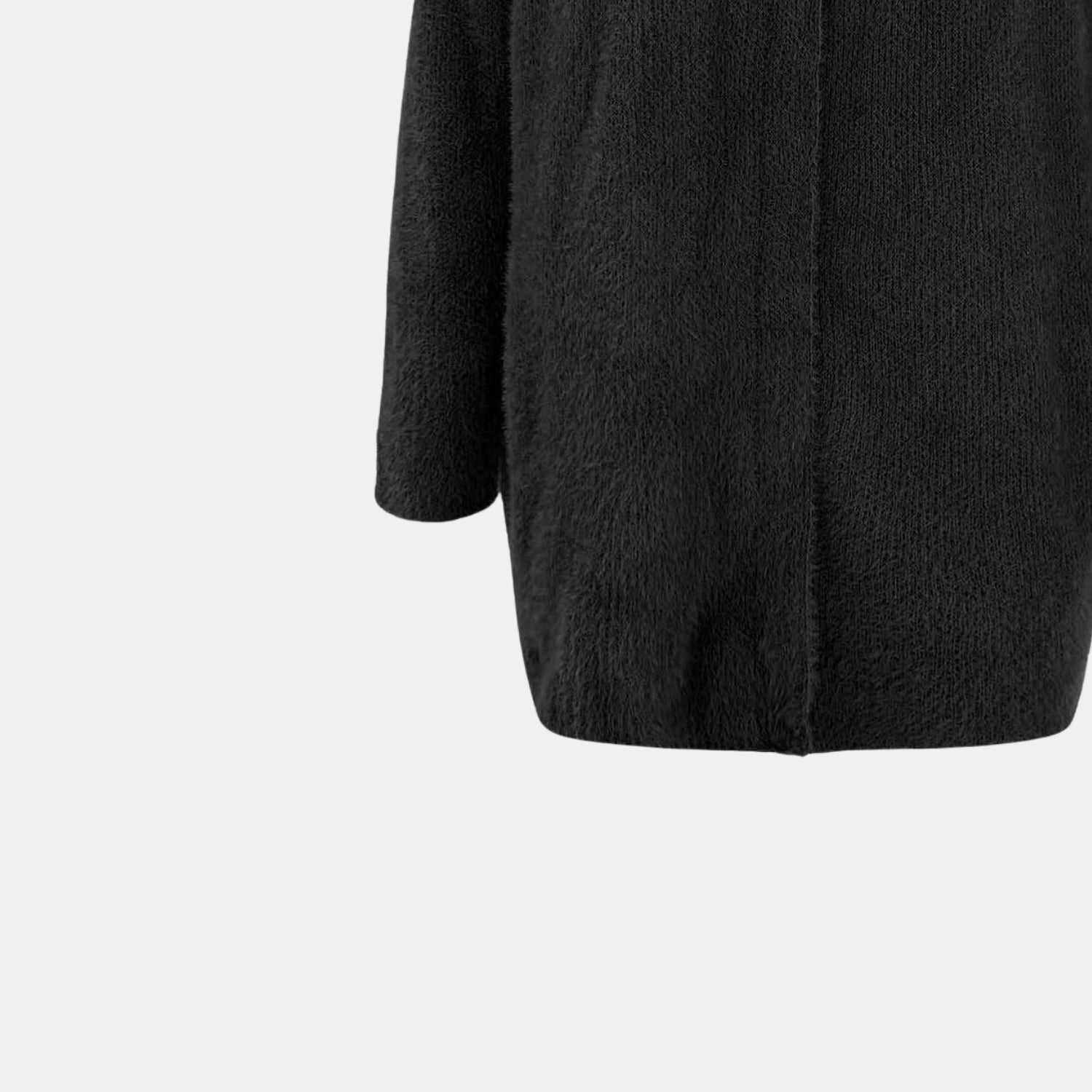 Vorderansicht des unteren Bereichs der Raffinierte Strickjacke mit Stil in Schwarz, weicher langer Strickstoff für Damen