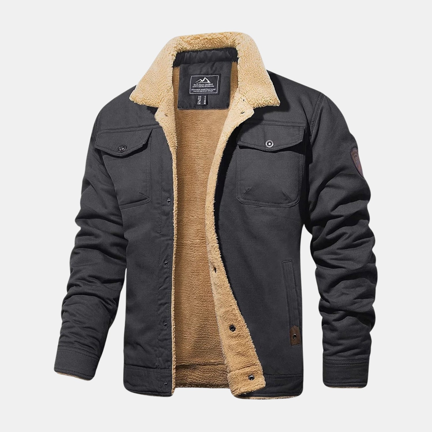 Stylische Herren-Bomberjacke in Anthrazit/Dunkelgrau mit Teddykragen und warmem Sherpa-Futter, leichte Übergangsjacke im modernen Casual-Look.