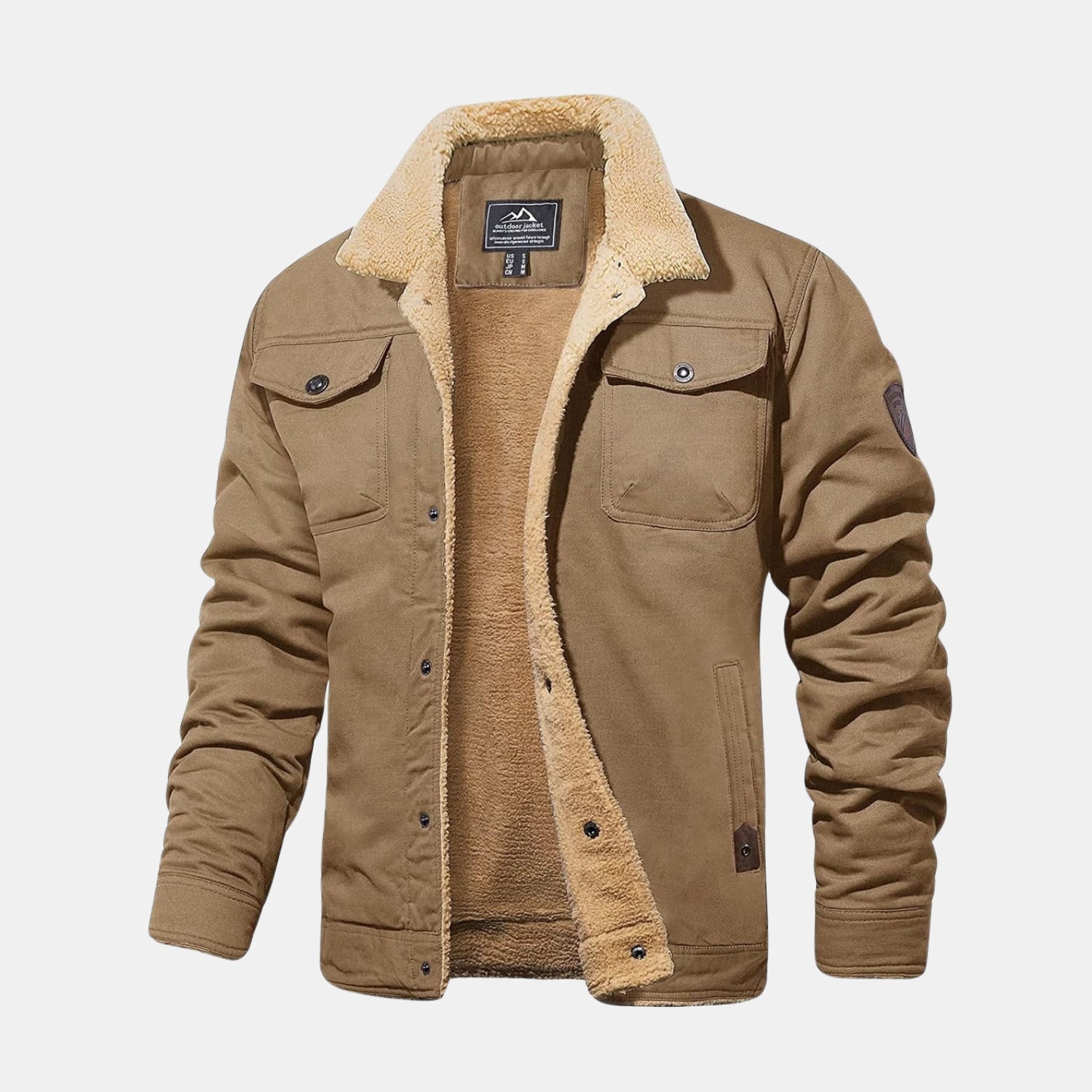 Stylische Herren-Bomberjacke in Khaki/Beige mit Teddykragen und warmem Sherpa-Futter, leichte Übergangsjacke im modernen Casual-Look.