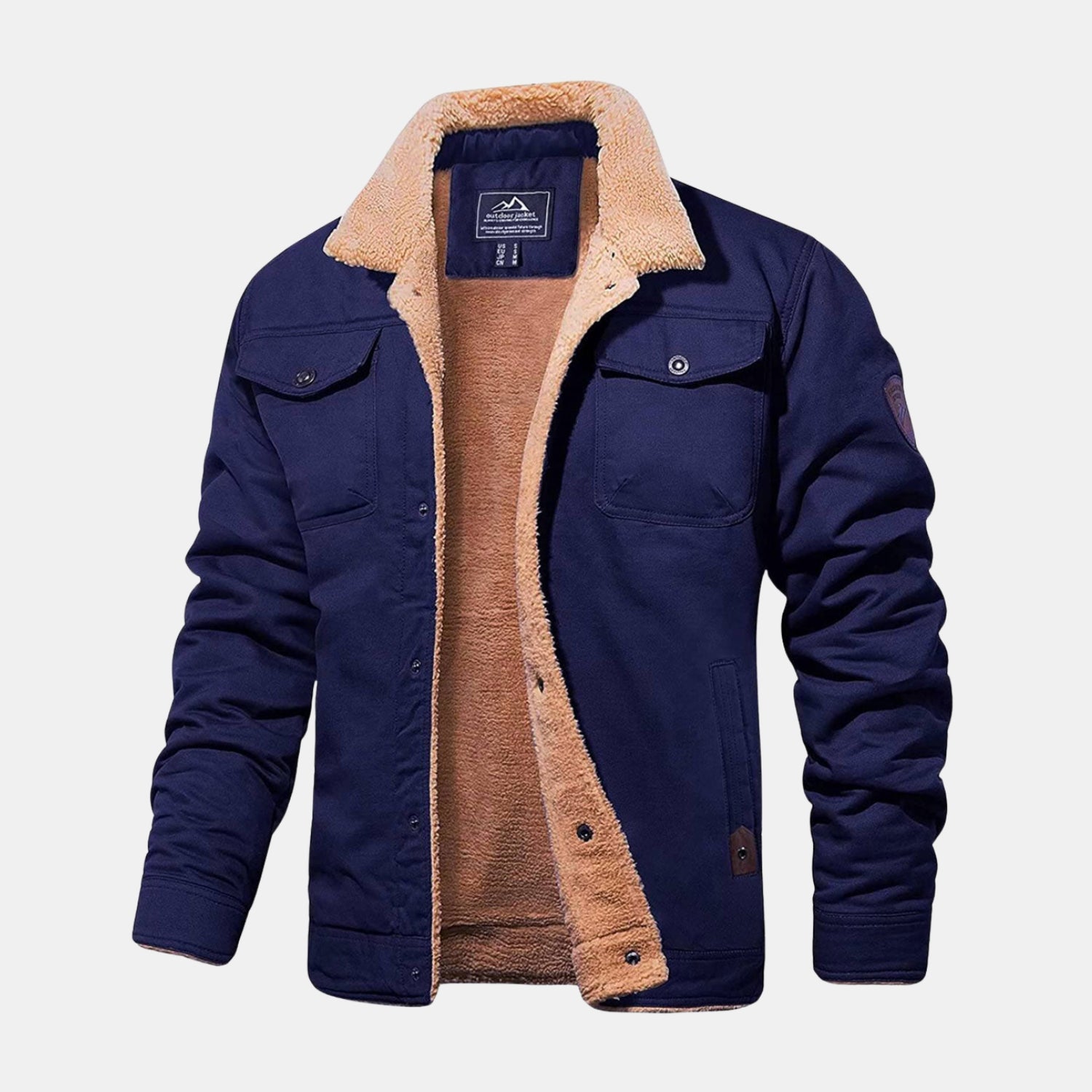 Stylische Herren-Bomberjacke in Marineblau mit Teddykragen und warmem Sherpa-Futter, leichte Übergangsjacke im modernen Casual-Look.