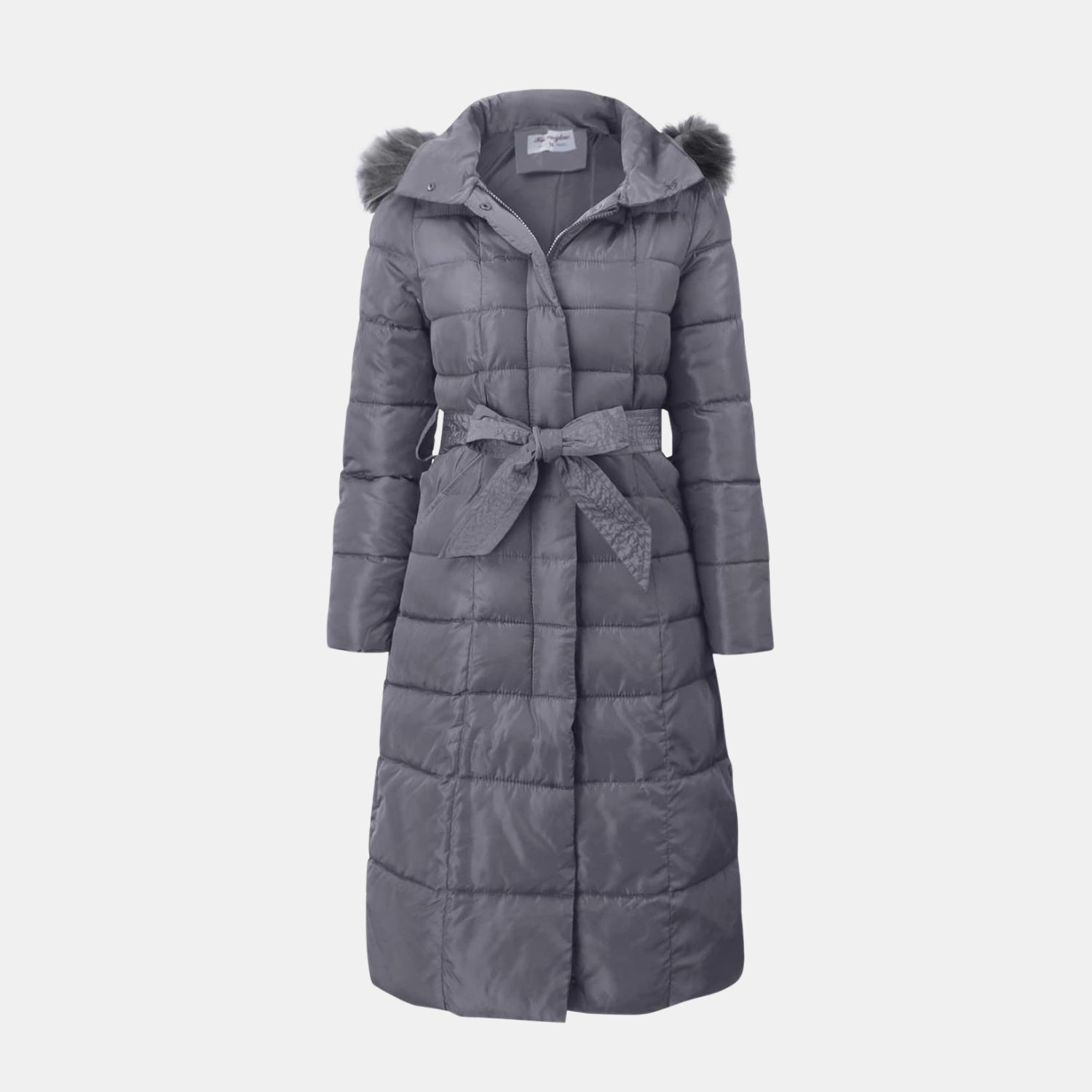 Warmer, bauschiger Wintermantel für Damen in Grau – langer gesteppter Mantel mit Kapuze, Kunstfellbesatz und Taillengürtel