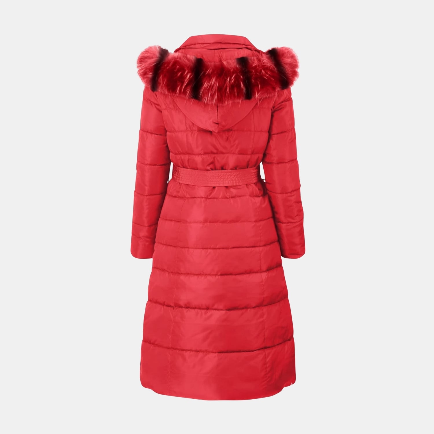 Warmer, bauschiger Wintermantel für Damen in Rot – Rückansicht des langen Steppmantels mit Kapuze, Kunstfellbesatz und Taillengürtel