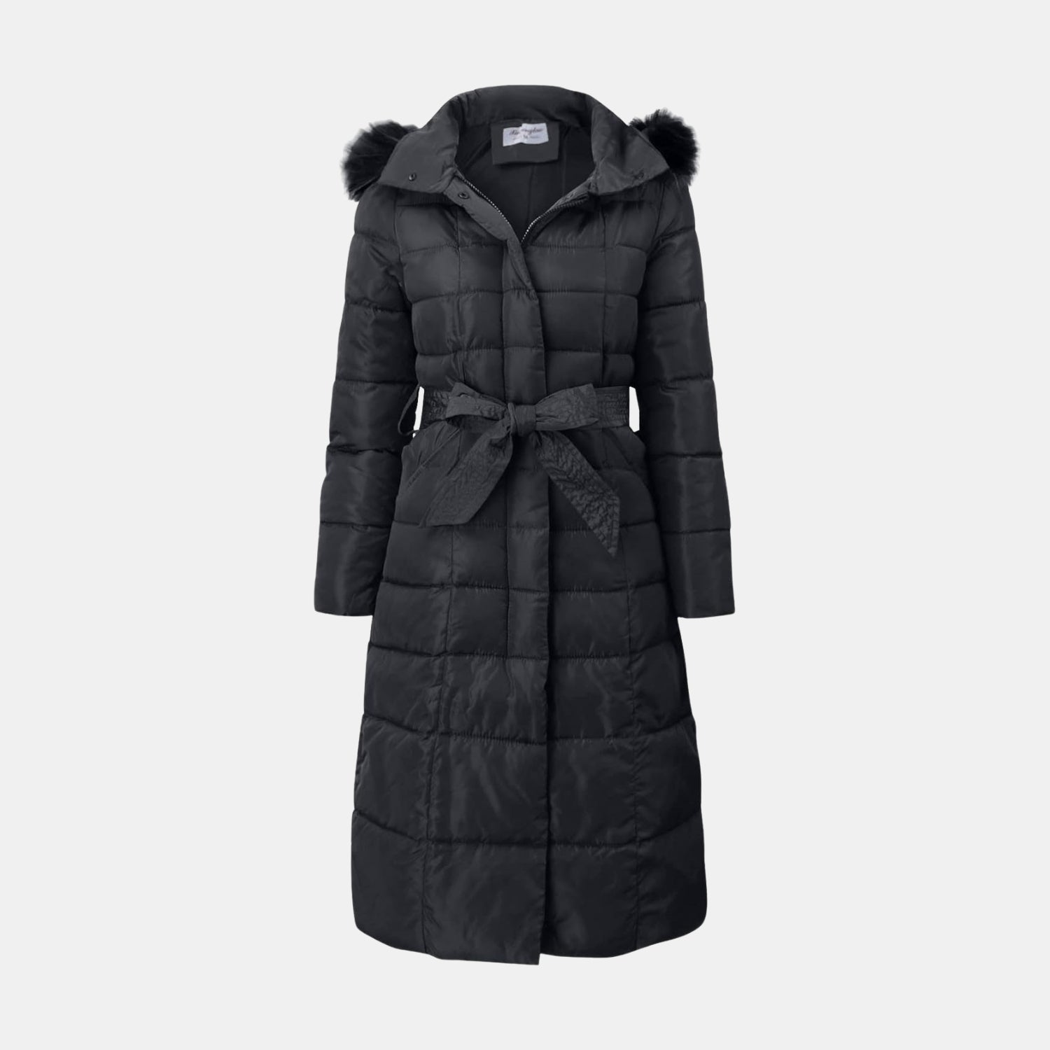 Warmer, bauschiger Wintermantel für Damen in Schwarz – langer gepolsterter Mantel mit Kapuze und Taillengürtel für kalte Wintertage