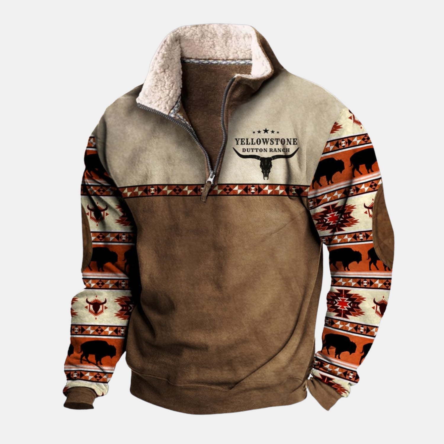 Frontansicht: Warmer Sherpa-Fleece-Pullover für Herren in Braun-Beige/Camel mit Quarter-Zip, Sherpa-Kragen, Ethno-Design an den Ärmeln und Kangurutasche