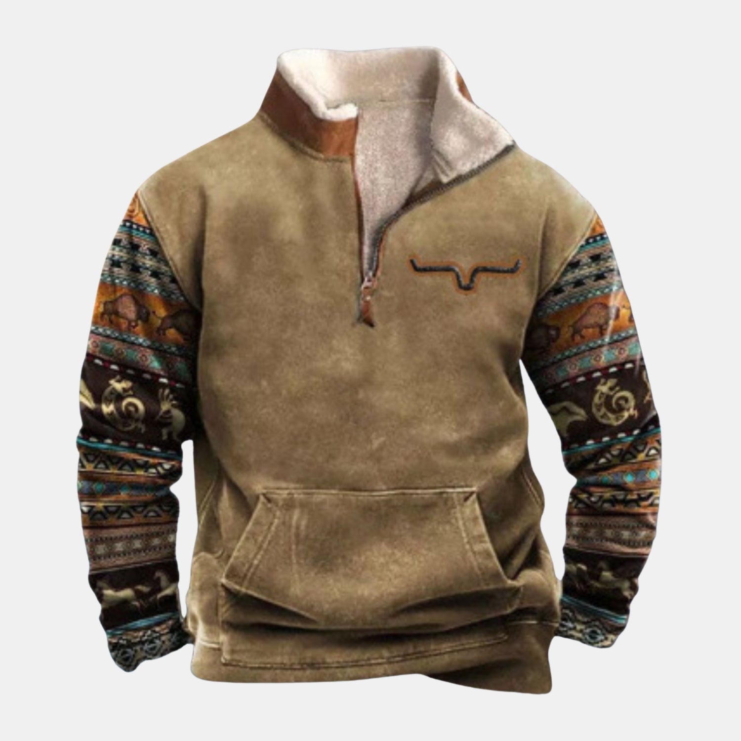 Frontansicht: Warmer Sherpa-Fleece-Pullover für Herren in Khaki mit Quarter-Zip, Ethno-Design an den Ärmeln und Kangurutasche
