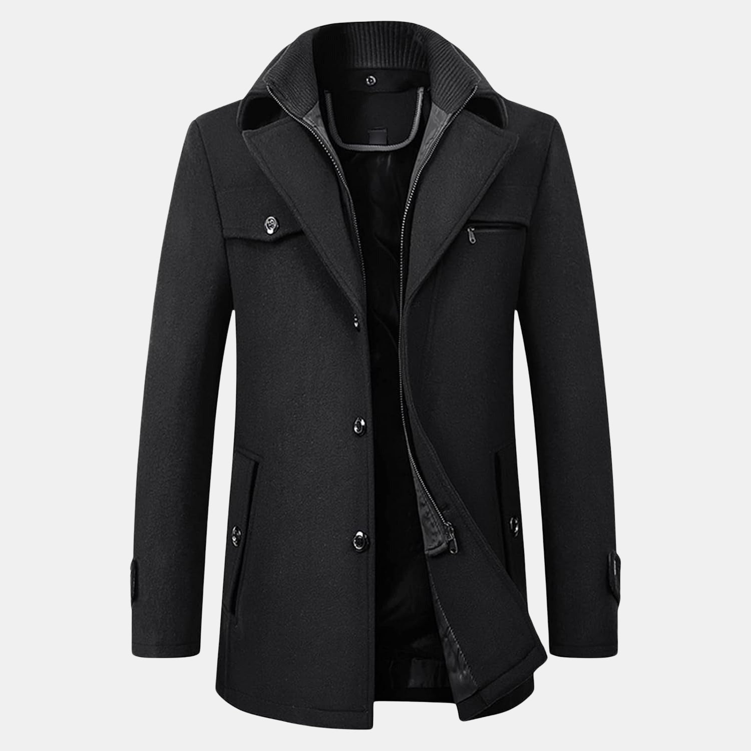 Elegante schwarze wasserdichte Business-Winterjacke für Herren mit modernem Reverskragen und Reißverschluss – warme und stilvolle Winterjacke für Alltag und Büro.