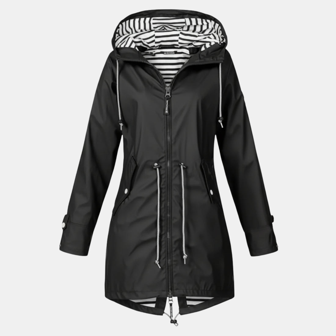 Eleganter, wasserdichter Damen Regenmantel in Schwarz mit kontrastierendem weiß-gestreiftem Kapuzenfutter. Winddichte Outdoor-Jacke mit verstellbarem Kordelzug für einen modernen und funktionalen Look.